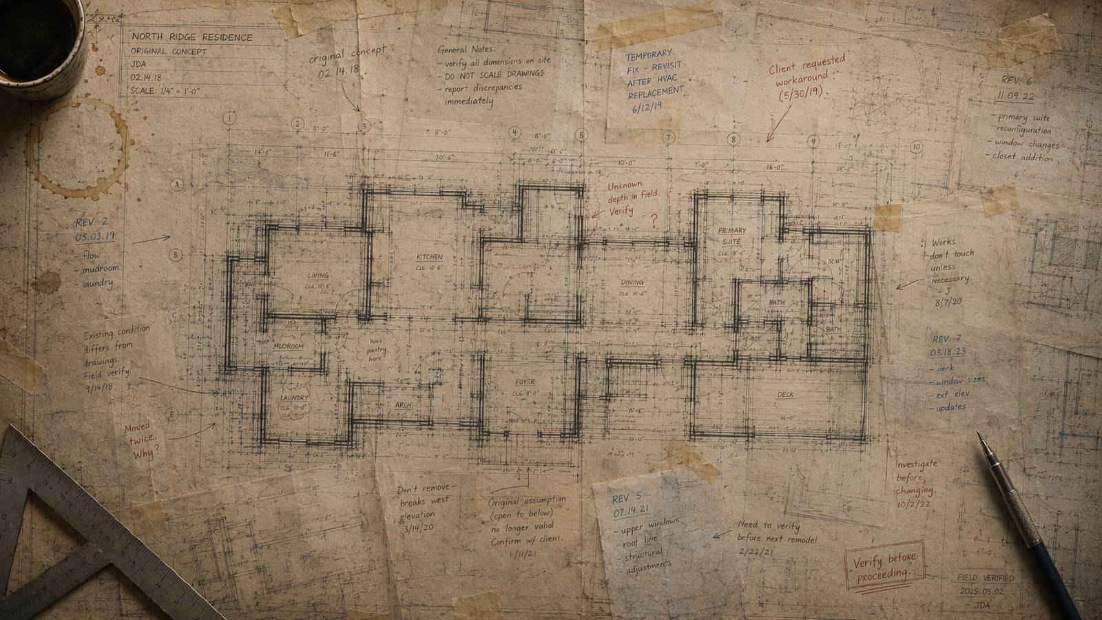 A worn architectural blueprint covered in revision notes, representing the layered decisions that shape a codebase over time.