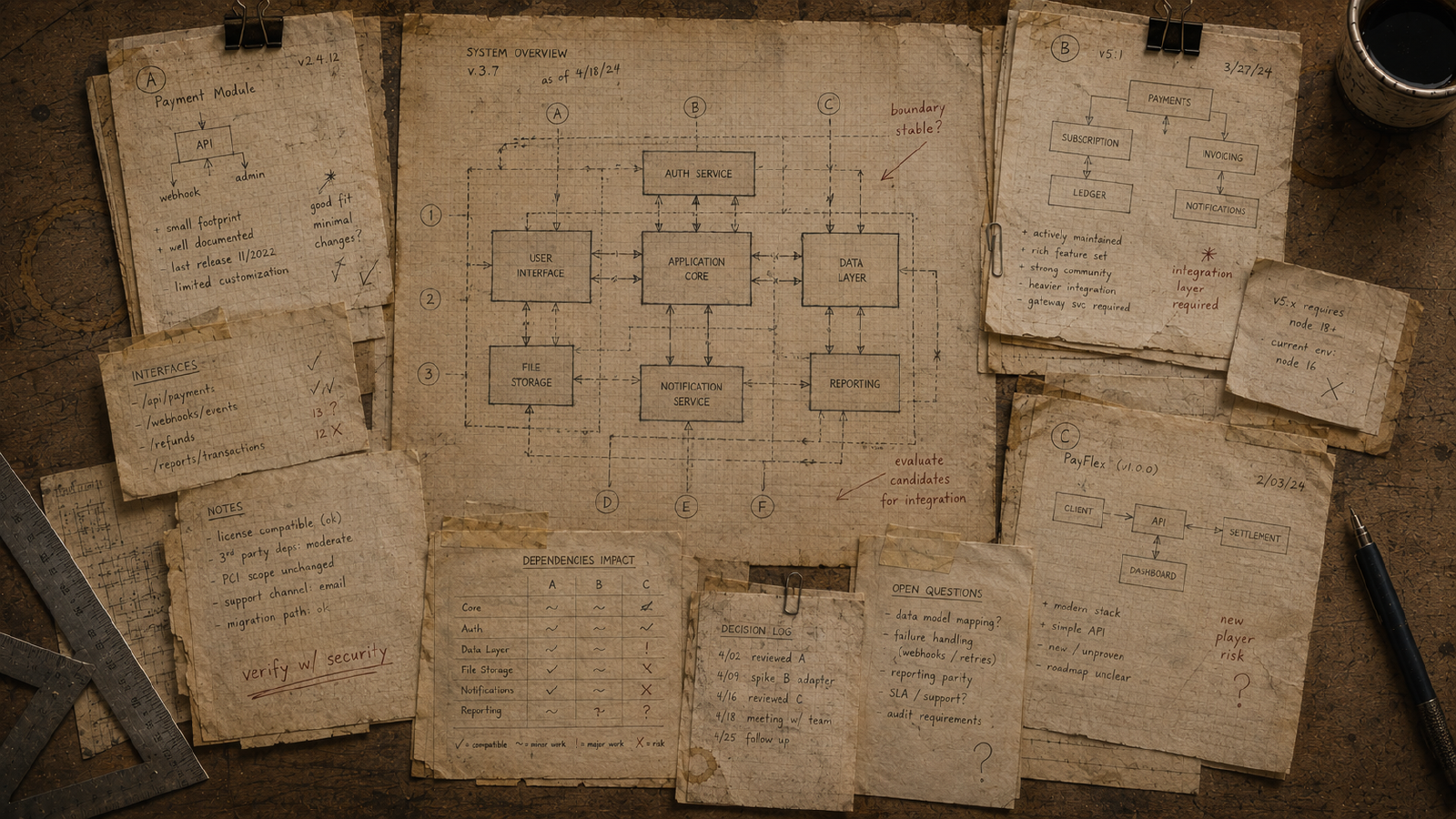 A desk covered with system diagrams, integration notes, dependency assessments, and competing software options.
