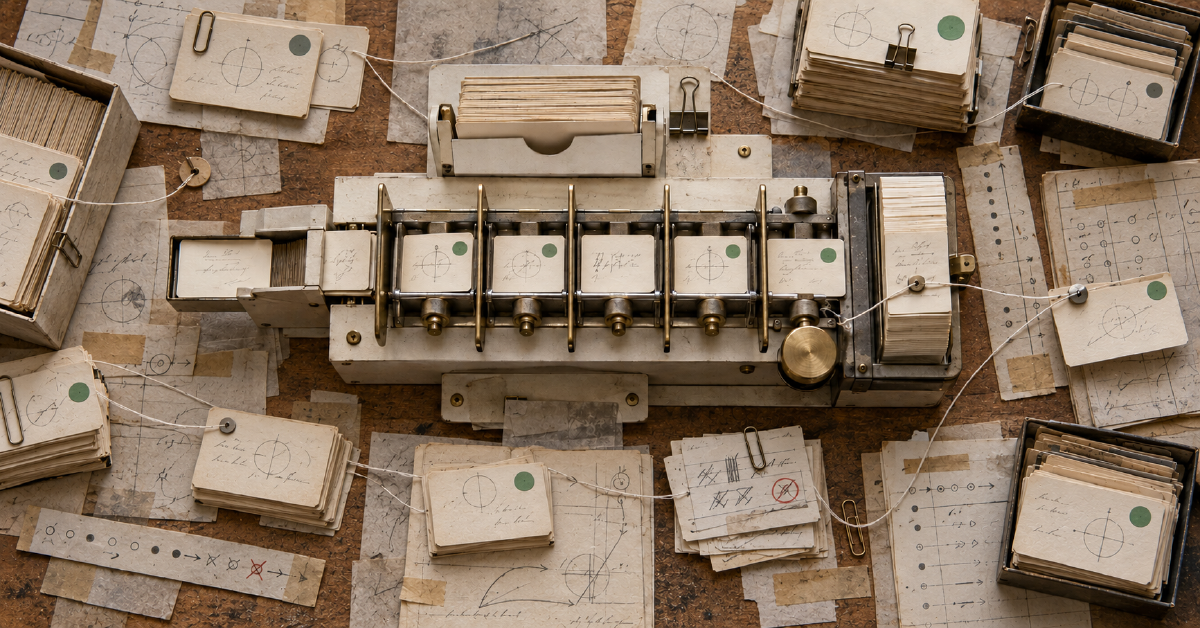 An overhead view of a vintage mechanical card-sorting machine surrounded by handwritten index cards and diagrammed workflows, representing inherited processes built around a system.