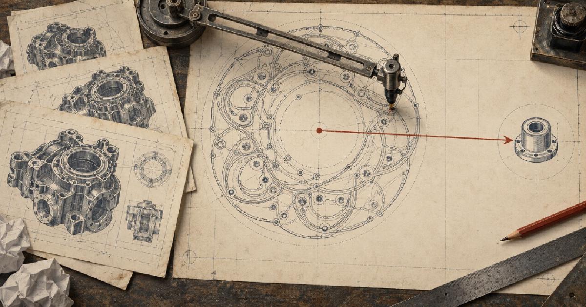 A mechanical drafting arm drawing concentric circles on aged paper, surrounded by mechanical sketches, a pencil, a ruler, and crumpled pages.
