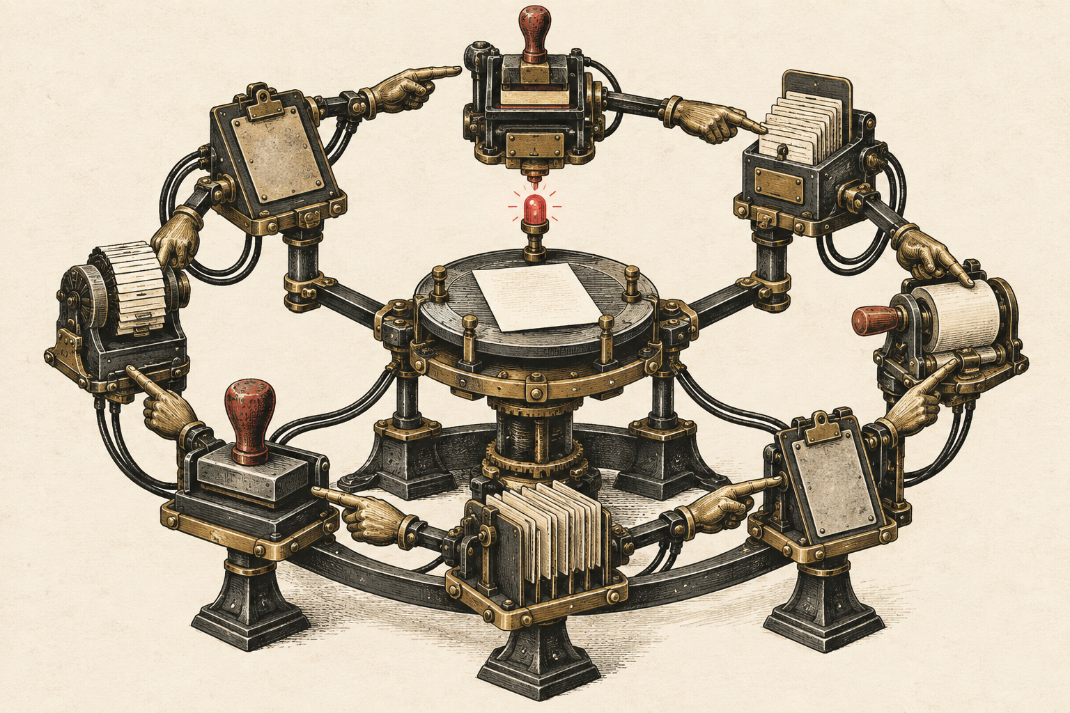 An engraved illustration of a circular brass machine whose mechanical hands each point at the next component, surrounding a single sheet of paper under a red warning light.