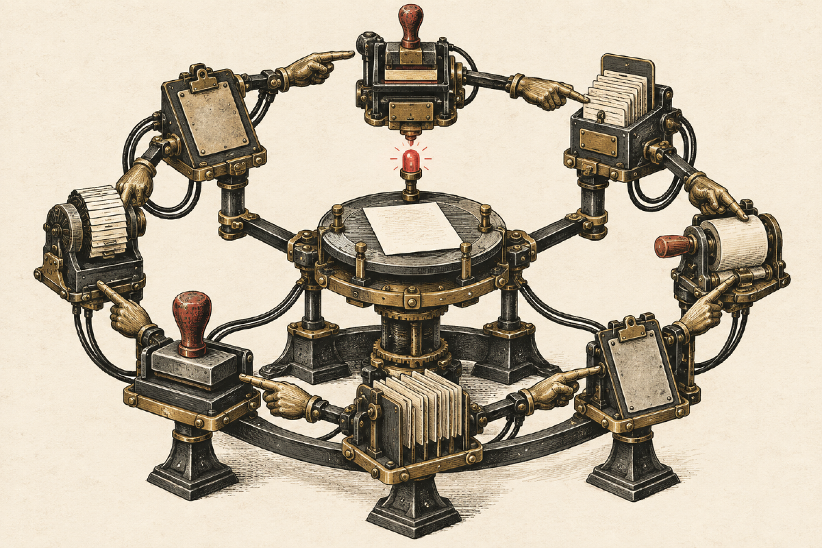 An engraved illustration of a circular brass machine whose mechanical hands each point at the next component, surrounding a single sheet of paper under a red warning light.