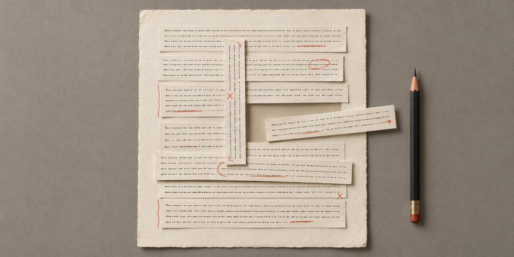 Narrow paper text strips arranged into the shape of the letter E, marked with red editing lines and corrections, beside a black pencil.